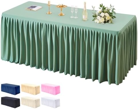 PARTISKY 1 Pack Sage Green Tablecloths for Rectangle Tables 6ft, Wrinkle Resistant Spandex Table Cover Fitted Stretch Table Cloth with Pleated Ruffle Skirts for Party Banquet Dining Birthday Wedding by Partisky