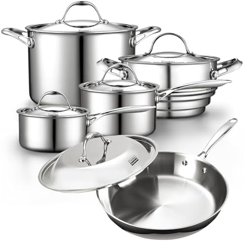 Cooks Standard Multi-ply Clad Stainless Steel Cookware Set, Includes Saucepans, Steamer, Stockpot, Frying Pans with Lids, Induction Compatible, Dishwasher Safe, Oven Safe, 10-Piece by CooksStandard