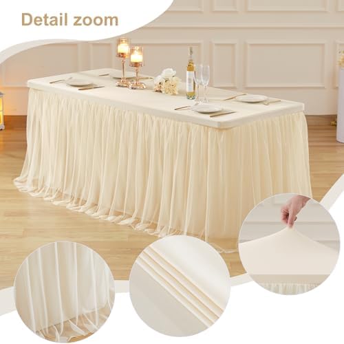 Champagne Tablecloth Rectangle Table Cover for 6 Foot Table, Champagne Tulle Table Skirt Rectangle Table 6ft Stretch Tulle Tablecloth Fitted Elastic Banquet Party Wedding Table Cloth for 6 Foot Table - Image 4