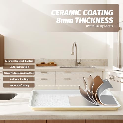 Nonstick Ceramic Baking Sheet With Rack, 3-Pack Half/Jelly Roll/Quarter Sheet Pan, Non-Toxic, PTFE & PFOA Free, Warp-Free, Oven Safe 550°F, Dishwasher Safe, Aluminized Steel, Gray Yellow - Image 5