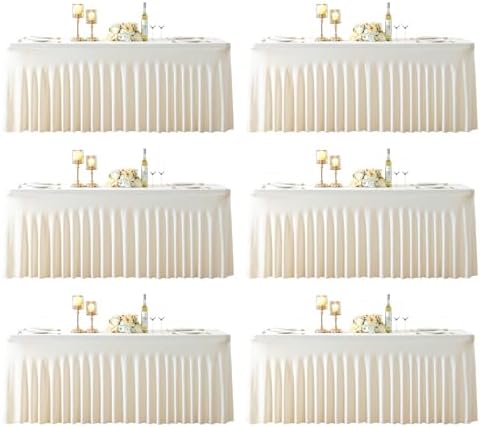 6 Pack 8ft Ivory Spandex Table Cloths for Rectangle Tables Wrinkle Free Ivory Rectangle Tablecloths, Stretch Fitted Table Cover with Skirt for Wedding Birthday Party Banquet Baby Shower Buffet Event by Suppromo