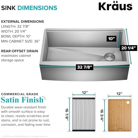KRAUS Kore 33-Inch Farmhouse Workstation 16 Gauge Single Bowl Stainless Steel Kitchen Sink with Accessories, KWF210-33 - Image 5
