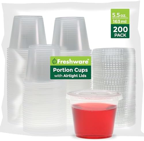 Freshware Plastic Portion Cups with Lids [5.5 Ounce, 200 Sets] Souffle Cups, Jello Shot Cups, Condiment Sauce Containers For Sampling, Sauce, Snack or Dressing by Freshware