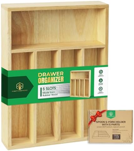 Rubber Wood Silverware Organizer for Drawer - [15"L x 11"W x 2"H] Utensil Tray, 5 Compartment Flatware Holder, Multi-Purpose Kitchen Drawer Organizer for Utensils, Stationery & Hand Tools by KhaiPhongWood