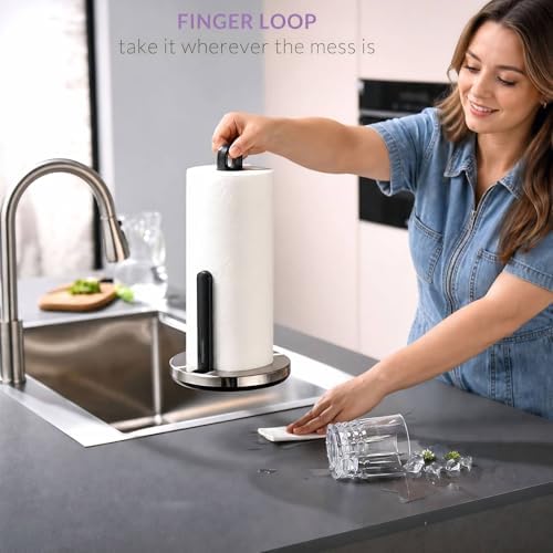 3.3LB Weighted ONE Hand Tear Paper Towel Holder Countertop (Brushed Silver) - Image 4