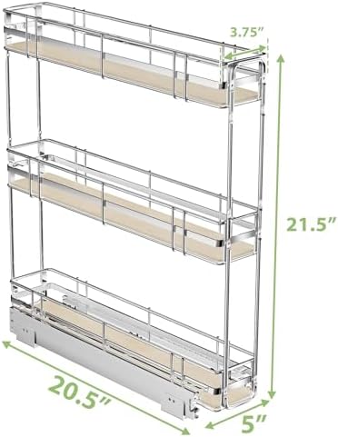 ROOMTEC 3-Tier Pull Out Cabinet Organizer Spice Rack for Narrow Cabinet 5" W x 20½" D, Slide Out Wood Shelves Storage for Kitchen - Image 3