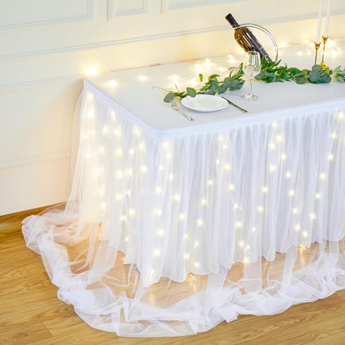 PARTISKY White Tulle Tutu Table Skirt for Rectangle Tables or Round Table,Led Light String Table Cloth for Wedding Baby Shower Birthday Party Dessert/Cake Tables - Image 4