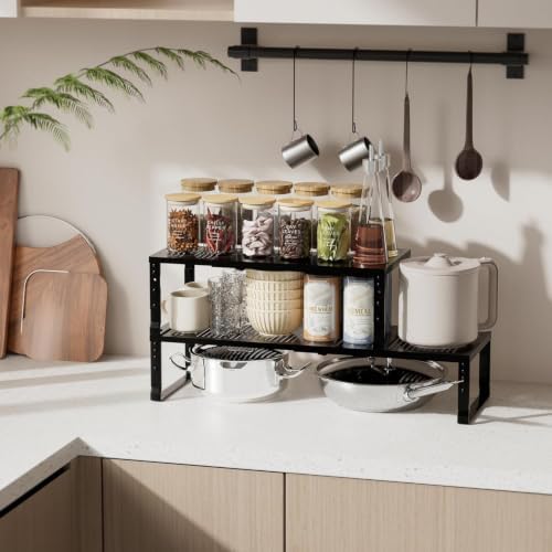 Expandable Spice Rack & Kitchen Cabinet Organizer - Stackable, Adjustable Shelves for Cabinets, Countertops, Cupboards & Pantries(3 Packs/Medium/Black) - Image 2