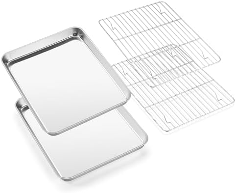 E-far Baking Sheet with Wire Rack (2 Pans + 2 Racks), Stainless Steel Cookie Sheets Pan & Cooling Rack for Baking Cookies Cake, Non Toxic & Heavy Duty, Oven & Dishwasher Safe, 12.4 x 9.7 x 1 Inch by E-far