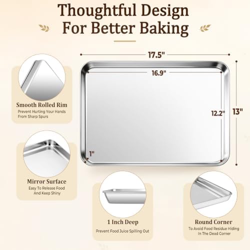 Stainless Steel Baking Sheet, 17.5" x 13" Cookie Sheet, 1-Pack | Large Half Sheet Pan for Baking Roasting Cooking, Heavy Duty & Non-Toxic, Easy Clean & Dishwasher Safe - Image 3