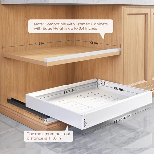 Seinloes 2 Pack Pull Out Cabinet Organizers 21"Deep with Raising Pad for Framed Cabinets,Expandable Slide Out Drawers Upgrade 3 Slide Rails,Roll Out Shelves Adhesive,Adjustable Width 12"-20.45" White - Image 2