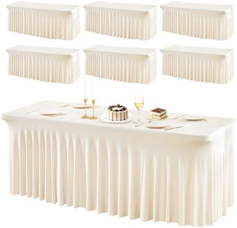 PARTISKY 6 Pack Ivory Spandex Table Cloths for Rectangle Tables 8ft, Ivory Table Skirt for Party, Table Cover with Skirt for Wedding Folding Table Banquet Baby Shower & Birthday Parties by Partisky