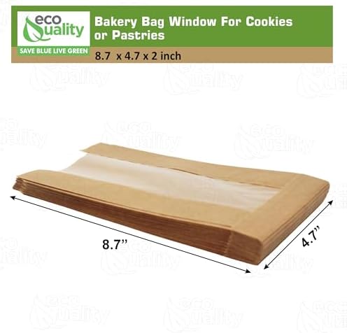 Bakery Bag with Window For Cookies or Pastries - 8.7 x 4.7 x 2 inches Brown Kraft Paper - Pastry Bagel - Sandwich - Trail Mix Bags (500) - Image 3
