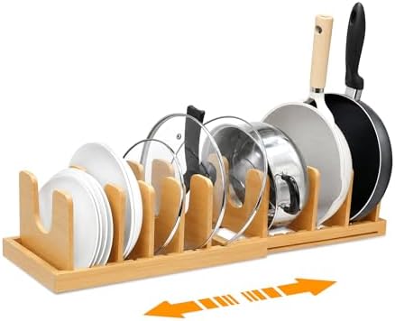 MinBoo Bamboo Expandable Pot Lid Organizer, Pot and Pan Organizer Drawer Organizer for Pot Lids, Adjustable 10 U-Shaped Dividers for Kitchen Cabinet Organizers and Storage (Bamboo-1) by MinBoo