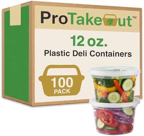[12oz-100 Set Plastic Deli Containers with Lids - BPA Free Clear Soup Containers with Airtight Lids, Leak Resistant Food Storage for Meal Prep, Stackable/Microwave/Dishwasher/Freezer Safe by ProTakeOut