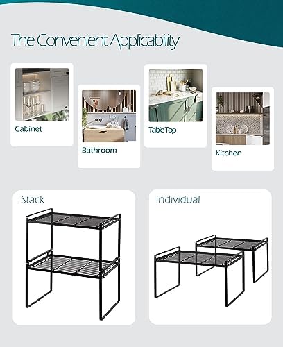 Shantton Cabinet Shelf Organizer, Pantry Shelf Rack, Black 16.1x10.6x9.5 | 2-Pack Stackable Metal Riser Holds 40LBS with Non-Slip Feet for Kitchen Pantry Bathroom Countertop Freezer Cupboard - Image 5