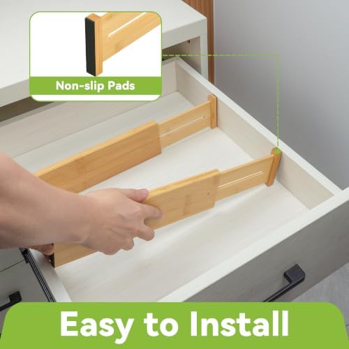 Utoplike Bamboo Dresser Drawer Dividers, Expandable Organizer for Clothing | Adjustable 3.2" High Drawers Separators for Kitchen, Bathroom, Bedroom, Office Storage, 4Pcs, Fit 13.5"-16" Inner Drawer - Image 5