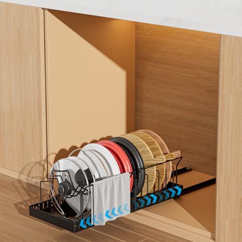 Black Pull Out Pot Lid Organizer, Cabinet Pan Rack, 10 Dividers by WOSHEN