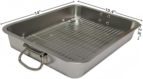Generic Roasting Pan Stainless steel Roasting pan Turkey Roasting pan with grill Rectangular grill suitable for Turkey, roast chicken and ham (14x10.4x2.8in), Silver - Image 2