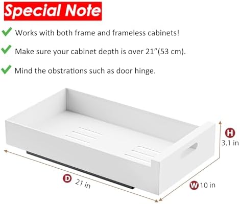 HBL' 1 Pack | 21" Deep Pull Out Cabinet Organizer Adhesive, 10-Inch Wide Sturdy Carbon Steel Roll-Out Drawers, Designed for Frameless Cabinets, Slide-Out Shelves for Pantry. - Image 2