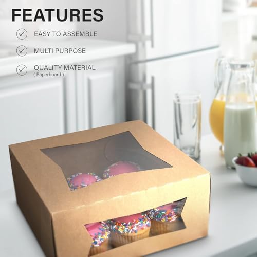 MT Products Kraft Cupcake Boxes 9" x 9" x 4" - Auto Pop-Up Bakery Boxes with Windows (Pack of 150) - Made in the USA - Image 6