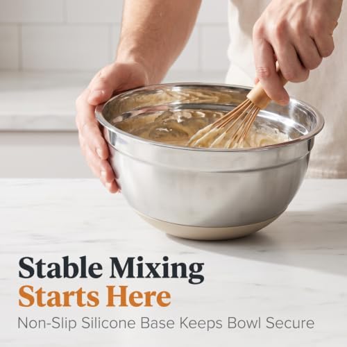 7QT 30PCS Mixing Bowls with Lids Set, 7QT to 1QT Stainless Steel Nesting Bowls with Graters, Non-Slip Silicone Bottom, Large Khaki Bowls & 21 Measuring Cups and Spoons Set Kitchen Appliances - Image 6