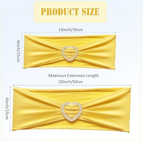 Yellow Chair Sashes Bows 30 Pack Stretch Yellow Sashes for Chairs Elastic Chair Sashes Bands with Heart Buckle Slider for Banquet Wedding Party Decorations - Image 2