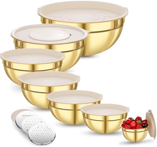 KesaPlan Mixing Bowls with Airtight Lids Set 7 PCS Stainless Steel Bowls with 3 Grater Attachments Nesting Metal Mixing Bowls,Size 4.5,4,3.5,2.1,1.5,1.1,0.7QT,Great for Mixing & Serving by KesaPlan