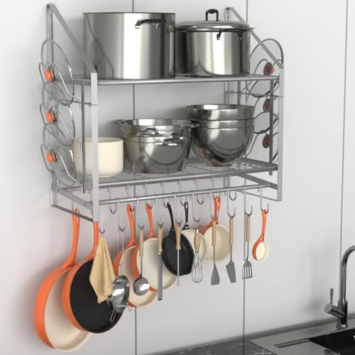 VyGrow 28 Inch Pot Rack Wall Mounted, 2 Tier Pots and Pans Organizer with 20 Hooks and 6 Pot Lid Holders, Heavy Duty Steel Pot and Pan Hanger for Kitchen Cookware Utensils Storage, Silver by VyGrow