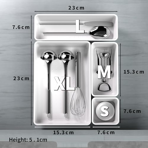 Cetomo 14 Pcs Drawer Organiser Set, Plastic Storage Drawer Organizer, Drawer Dividers, Adjustable and Expandable, Container Tray for Kitchen Utensils, Cosmetic, Makeup, Gadgets, White, 4 Size-14 Pack - Image 2