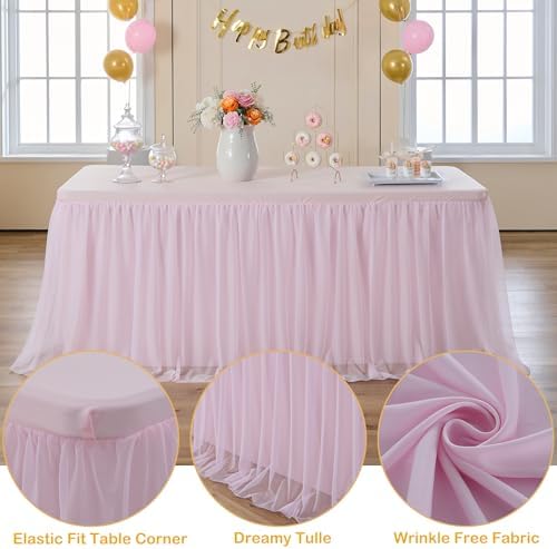 CO-AVE Pink Tulle Tablecloth for 6ft Rectangular Tables, 2-in-1 Elastic Stretch Spandex Cover with Tutu Ruffle Skirt, Wrinkle Free for Wedding, Birthday, Banquet, Buffet, Bridal Shower - Image 2