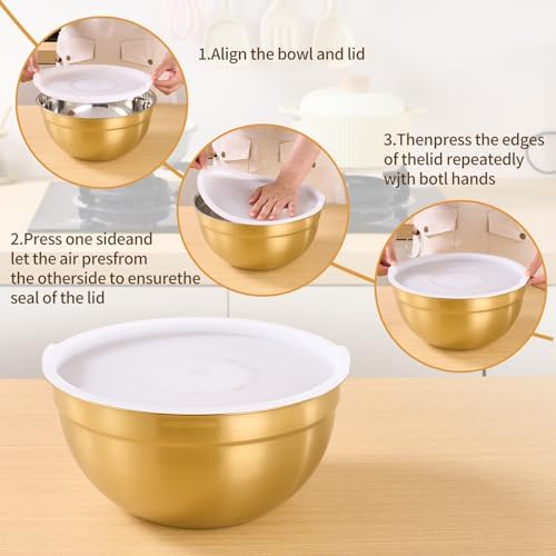 Gold Mixing Bowls With Airtight Lids,Stainless Steel Bowl,Salad Bowls 5 Piece Colorful Nesting Bowl Gold Kitchen Accessories,Size 5.5,3.6,2.7,2.1,1.5QT Stackable Design - Image 3