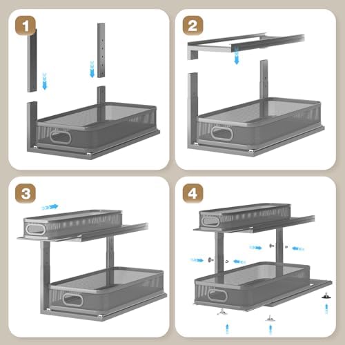 2 Pack 21IN-Depth Under Sink Organizer With Next-Gen Ball-Bearing Slides,2-Tier Precision Mesh Pull Out Cabinet Storage for Bathroom&Kitchen,Height Adjustable Drawers Shelf,Anti-rust-Grey - Image 5