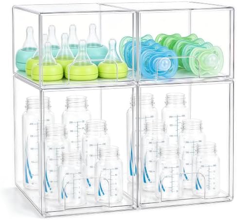 Baby Bottle Organizer 4 Pack Baby Bottle Storage Organizer Clear Bottles Station Acrylic Stackable Container Drawers Bins for Pacifiers,Nipples,Pump Parts for Countertop,Cabinet,Bathroom,Vanity by Gifhomfix