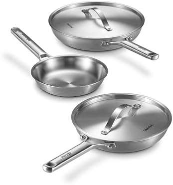 Stainless Steel Frying Pan Set with Lids 8+10+12 Inch,Tri-Ply Stainless Steel Skillets,Brushed Steel Pans with Stainless Steel Lids,Oven&Dishwasher Safe,Induction Compatible by VEDNHOL