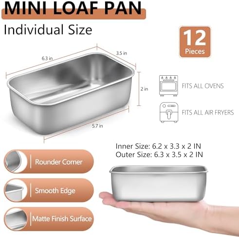 LIANYU 12 Pack Mini Loaf Pans for Baking, Stainless Steel Small Bread Pan | 6.3 x 3.5 Inch Loaf Pan for Homemade Meatloaf, Tin Loaf Baking Pan Perfect for Banana Sourdough Sandwich, Dishwasher Safe - Image 2