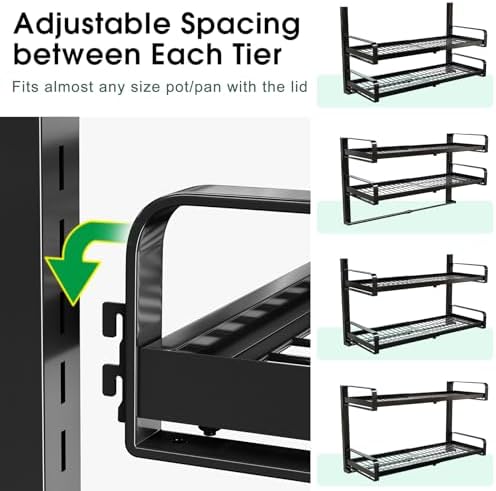 19"- 30" Expandable Hanging Pot Rack, 2 Tier Heavy Duty Wall Mounted Pots and Pans Organizer with 10 Hooks and 5 Pot Lid Holders, Pot Hanger Shelf for Kitchen Cookware Utensils Organizers and Storage - Image 3