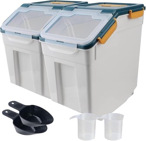 50lb Flour Storage Container with Lid, 2 Pack Large Airtight Rice Storage Container with Wheels, Measuring Cup, Scoop, for Sugar Grain Cereal, Rice Dispenser, Pantry Organization (Dark Blue) by Mairuker