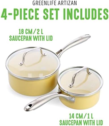 GreenLife Artisan Healthy Ceramic Nonstick, 1QT and 2QT Saucepan Pot Set with Lids, Stainless Steel Handle, Induction, PFAS-Free, Dishwasher Safe, Oven Safe, Yellow - Image 5