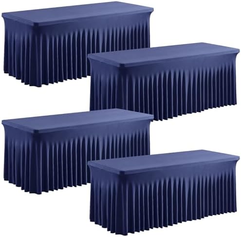 PARTISKY 4 Pack Navy Blue Table Cover for Rectangle Tables 8ft,One-Piece Spandex Elastic Table Cloth with Skirt for Wedding Folding Table Banquet Baby Shower & Birthday Parties by Partisky
