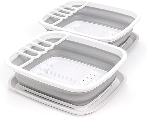 SAMMART 8L (2.11Gallons) Collapsible Plstic Dish Drainer with Drainer Board - Foldable Drying Rack Set - Space Saving Kitchen Storage Tray (White/Grey(Set of 2), 2) by SAMMART