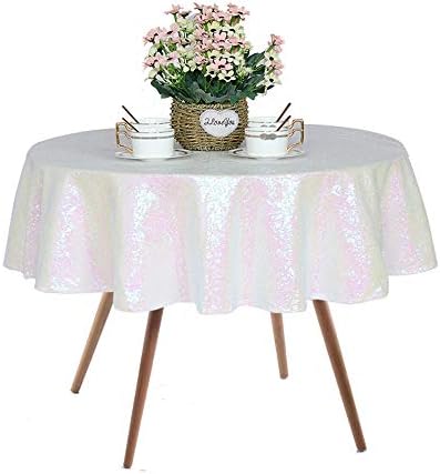 JYFLZQ White Iridescent Sequin Tablecloth, Glitter Table Cover 50'' Round by JYFLZQ