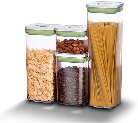 linoroso Set of 4 Pop Airtight Food Storage Containers with Date Recording Lids, Stackable Plastic Kitchen Storage Containers, Dry Cereal Container Set for Pantry Countertop Fridge Organization by Linoroso