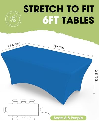 Pureegg Spandex Tablecloth 6ft - 6 Pack, Fitted and Stretch Table Cover for Rectangle Tables, Wrinkle-Resistant and Secure Fabric for Outdoor, Picnic, Party, Wedding, Banquet and Birthday, Royal Blue - Image 2