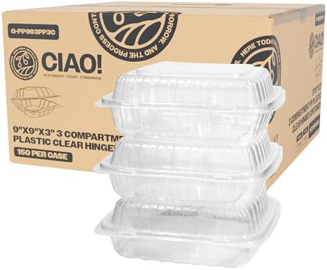 CIAO! 9"x9"x3" 3 Compartment PP Plastic Clear Hinged Container for Take Out (Case of 150) by Ciao