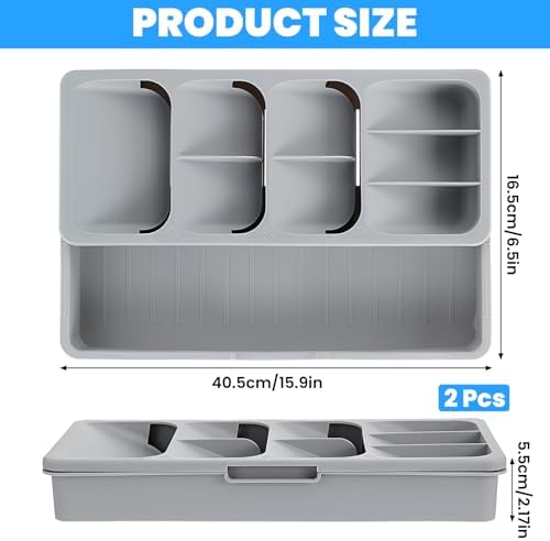 2 Pcs Silverware Drawer Organizer with Expandable Tray for Kitchen Drawer, Adjustable Compact Plastic Kitchen Utensil Storage for Spoons Forks Knives Easy to Access & Save Space - Image 2