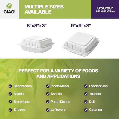 CIAO! 8"x8"x3" MFPP White Hinged Container With Lid 3 Compartment (Case of 200) - Image 5