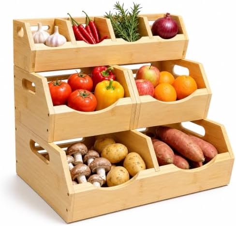 3 Tier Bamboo Pantry Storage Bins, Stackable Onion and Potato Storage Bins by Unknown