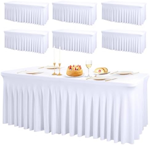 PARTISKY 6 Pack White Spandex Table Cloths for Rectangle Tables 6ft, White Table Skirt for Party, Table Cover with Skirt for Wedding Folding Table Banquet Baby Shower & Birthday Parties by Partisky