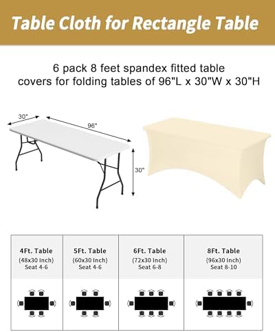 Fixwal 6 Pack 8FT Ivory Tablecloth Rectangle Spandex Fitted Table Cover - Image 3